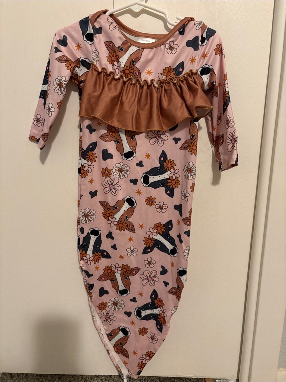 Kids Pink Floral & Cow Ruffle Sleep Gown